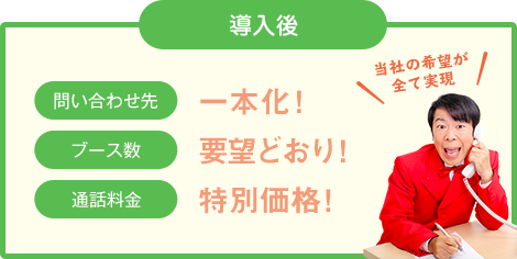 ネオ・クイックコールプロは、問い合わせ先も1つですみ、ブース数も150ブース利用でき通話料金も以前より安い特別価格を出していただきました。